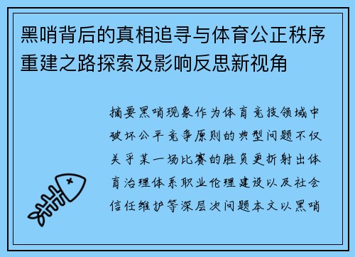 黑哨背后的真相追寻与体育公正秩序重建之路探索及影响反思新视角